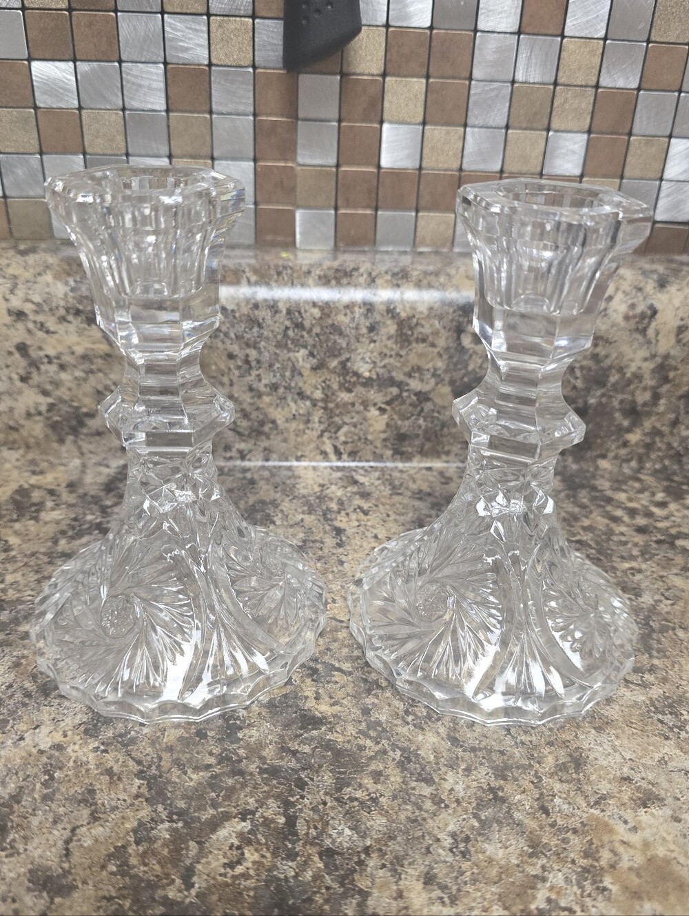 Clear Crystal-Style Glass Candlestick Pair -